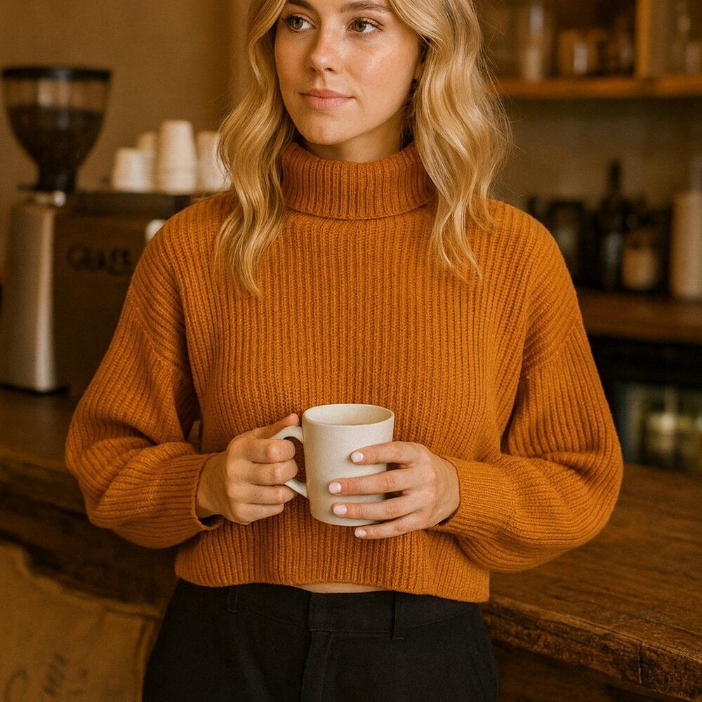 Embossed Burnt Orange Cropped Chunky Turtleneck Sweater Size Medium